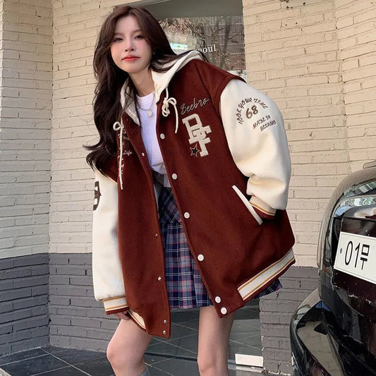 COZOK/ Embroidered Hooded Bomber Jacket Women 2023 Spring Autumn Student Couple American Retro Casual Hooded Jacket Top