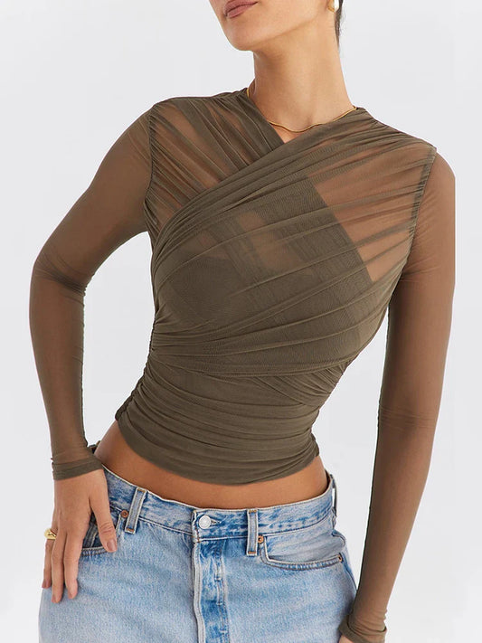 maoxiangshopSheer Mesh Long Sleeve Sexy T-shirt Women Autumn New V Neck Zipper Layered Skinny Club Party Sexy Tops