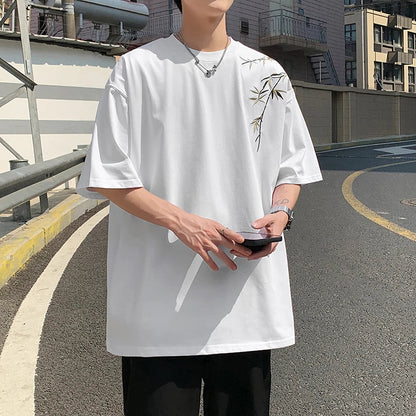 maoxiangshop Bamboo Embroidered T Shirt Men Harajuku Streetwear T-Shirts Summer Short Sleeve Black White Loose Casual Tshirt Tees Top