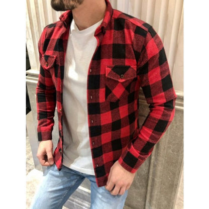 Autumn Casual Plaid Flannel Shirt Men Long-Sleeved Chest Two Pocket Design Fashion Printed-Turn-down Collar Button Shirt M-3XL