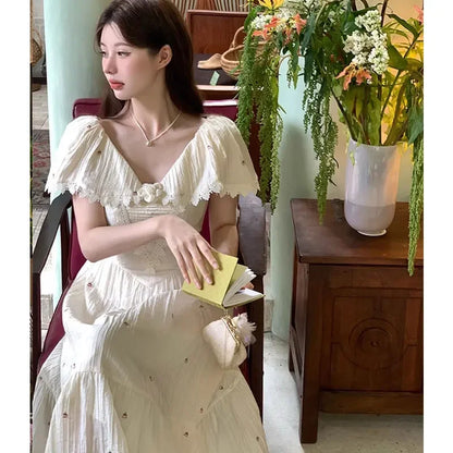 maoxiangshop Vintage Embroider Midi Dresses for Women 2024 Summer Elegant Party Fashion A Line Clothes Holiday Casual Sweet Female Clothing