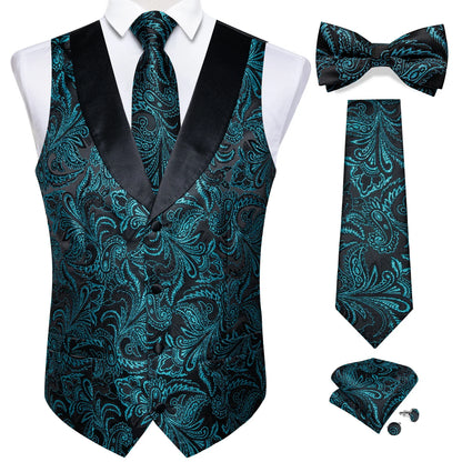 maoxiangshop Brand Suit Vest Set For Men Luxury Silk Black Gold Paisley Dress Vest Tie Cufflinks Handkerchief Set Male Sleeveless Waistcoat