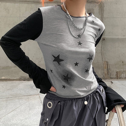 Star Girl Y2k Print Patchwork Long Sleeve Casual Harajuku T-shirt Women 90S Vintage Gothic Grunge Basic E-girl Autumn Tops