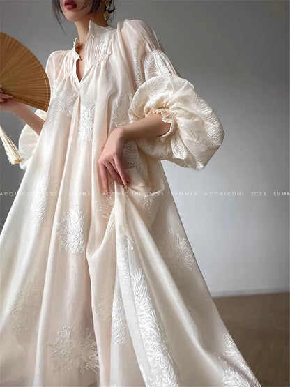 maoxiangshop Embroidered Dress Women Autumn New Fashion Elegant Female Vestido French Vintage Clothes Evening Party Korean White Dresses