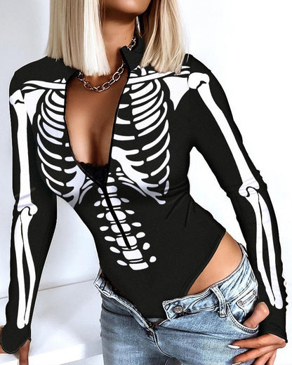 maoxiangshop Women Top Romper V Neck Skulls Slim Casual Halloween Skeleton Print Zip Front Long Sleeve Bodysuit Sexy Bodysuits