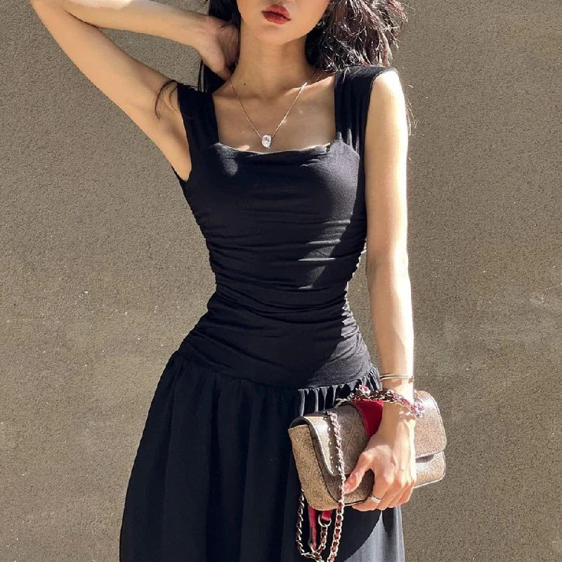 Women Summer Party Long Dress Sexy Ruched Bodycon Black Maxi Dresses Elegant Temperament High-waist Vestidos New