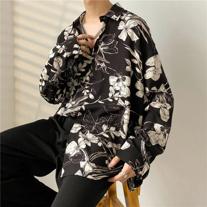 maoxiangshop Spring Black Long-sleeved Shirt Men Fashion Society Mens Dress Shirt Korean Loose Casual Flower Shirt Mens Print Shirt M-3XL