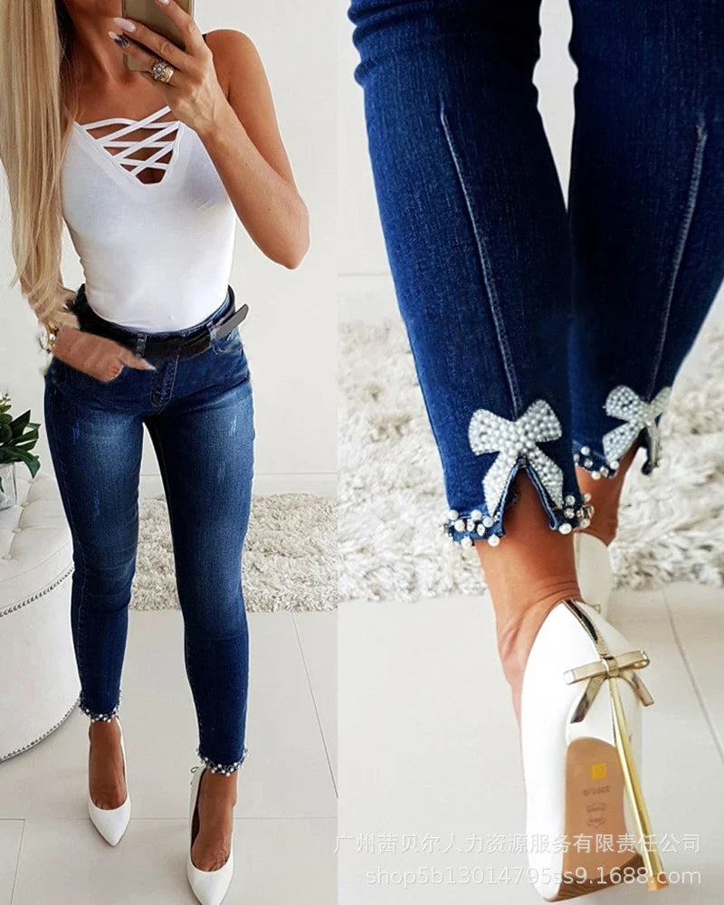 maoxiangshop Beaded Slit Bowknot Decor Jeans Autumn Women Pearl Bow Casual Loose Splice Sheath Long Pants Slim Fit Denim Pencil Trousers