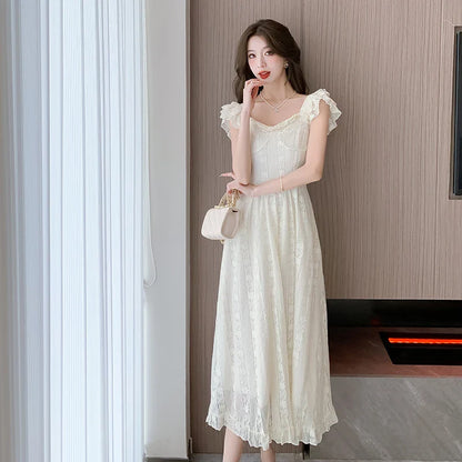 maoxiangshop French Sweet Midi Dresses for Women Summer New High-waisted Fly-sleeved Elegant Fashion Clothing Korean Casual Female Dress