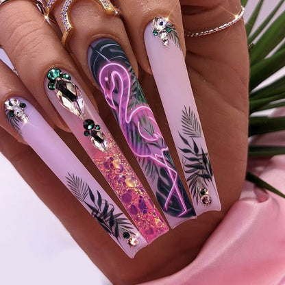 24Pcs Pink Flower Wearable False Nail Tips Long Square Fake Nail with Rhinestone Design Acrylic Coffin Full Cover Press on Nails