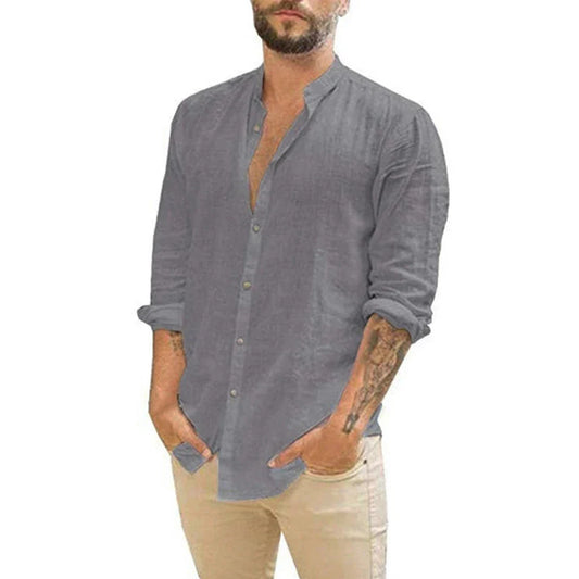maoxiangshop Cotton Linen Hot Sale Men's Long-Sleeved Shirts Summer Solid Color  Stand-Up Collar Casual Beach Style Plus Size