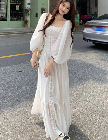 Women Vintage Square Collar White Dress for Autumn New Single Breasted Lantern Sleeved Robe France Elegant Party Vestidos