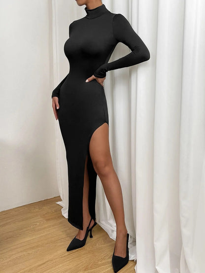 maoxiangshop Long Sleeve Women Sexy Long Dress Party Nightclub High Split Black Bodycon Evening Dresses Fashion