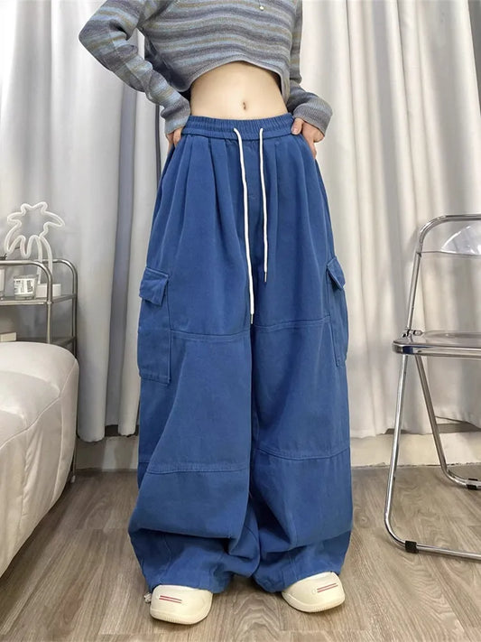 Korean Y2K Fashion Drawstring Casual Baggy Cargo Jeans Pants Women Clothing Straight Wide Leg Sweatpants Female Trousers