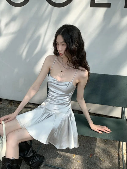 maoxiangshop Sexy Satin Mini Dress Summer  Women Evening Party Dress Y2k Backless Beach Dresses Ruffle Bandage Korean Fashion