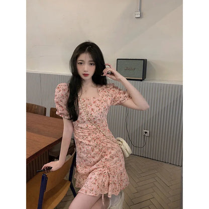 Floral Dress Gentle Wind Women Summer Design Artistic Skirt Korean Style Fashion Dress Bubble Sleeve Rustic Casual Style