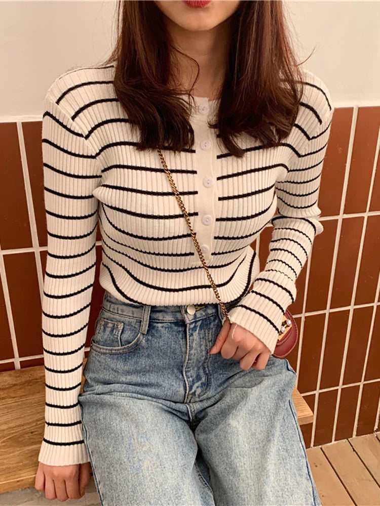 maoxiangshop Women T-shirts Elegant Stripes Knitted Tees Buttoned Up Long Sleeve Slim Women Knitted T-shirts Autumn Winter