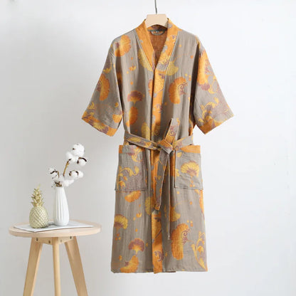 Couple's Dressing Gowns Vintage Print Loungewear Double Layer of Cotton Bathrobes Women's Pajamas Absorb Water and Dry Quickly