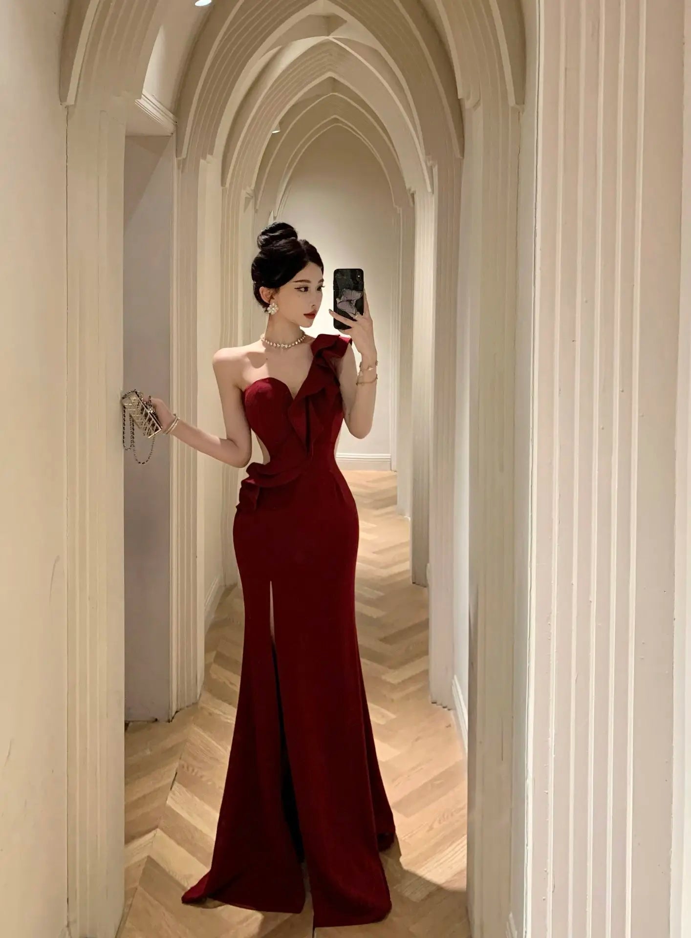 maoxiangshop Elegant Fashion Wedding Evening Party Long Dresses for Women Sexy Split Sleeveless Slim Ladies Vintage Red Prom Female Clothing