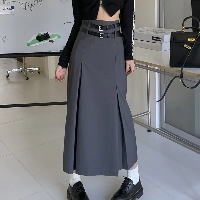 maoxiangshop Korean Style High Waist Long Skirt Women Summer Double Belt Preppy Midi Skirts Woman Pleated Black Gray A Line Skirt