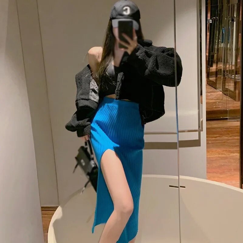 maoxiangshop Women's Split Half Skirt Slim Fit Knitted Sexy High Waist Dress