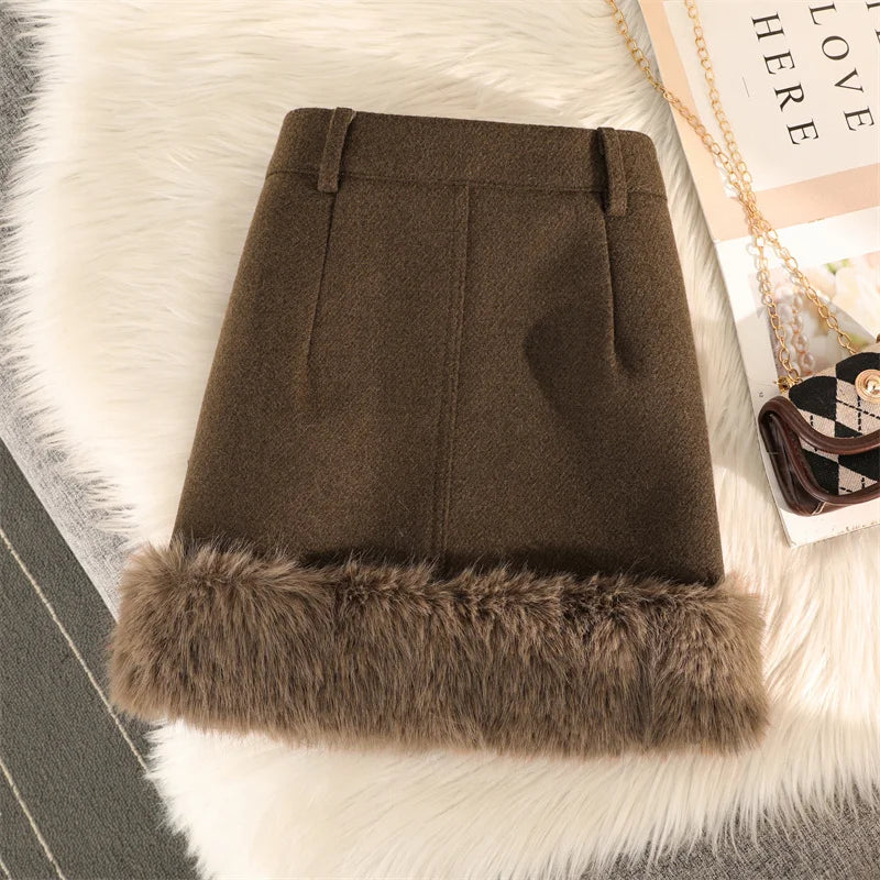 Streetwear Mini Skirt Women Y2K Faux Fur Patchwork A Line Skirts Autumn Winter Vintage Korean High Waist Slim Black Skirt