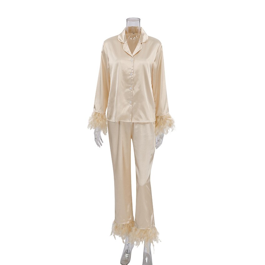 Solid Casual Sleepwear Women's Robe With Feathers Single Breasted Turn Down Collar Women Sleeping Clothes Set Satin Pajamas Sets