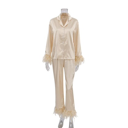 Solid Casual Sleepwear Women's Robe With Feathers Single Breasted Turn Down Collar Women Sleeping Clothes Set Satin Pajamas Sets