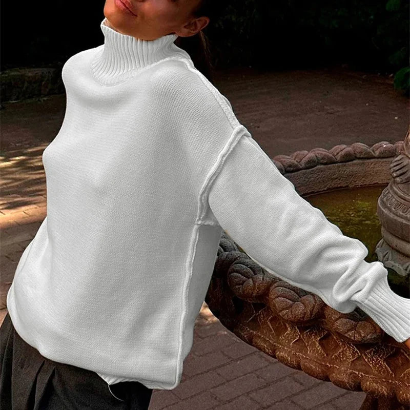 maoxiangshop  -  Winter Knit Turtleneck Pullover Female Clothes Loose Casual Ribbed Patchwork Long Sleeve Oversized Sweater Women Knitwear New