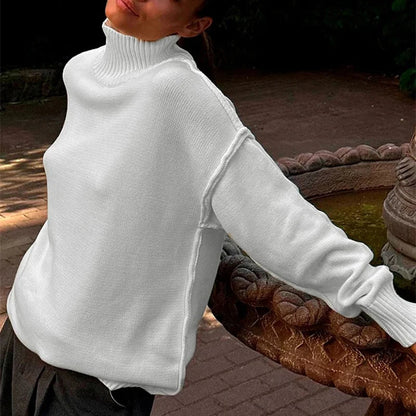 maoxiangshop  -  Winter Knit Turtleneck Pullover Female Clothes Loose Casual Ribbed Patchwork Long Sleeve Oversized Sweater Women Knitwear New