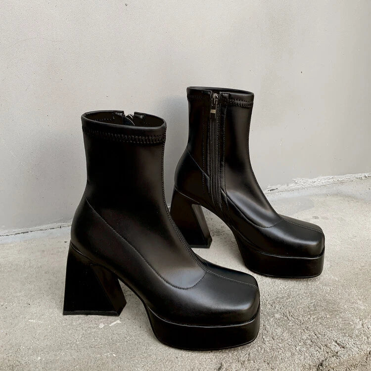 maoxiangshop  -  Chunky Chelsea Boots Winter Women Platform Shoes Zipper High Heels Square Toe Ankle Boots Pumps Punk Sexy Motorcycle Botas