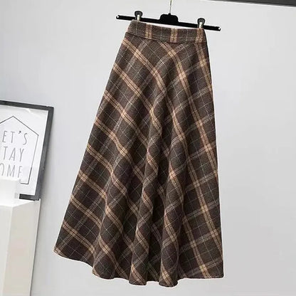 maoxiangshop Autumn Winter Woolen Skirt Women Korean Style Thick High Waist Long Skirt Woman A Line Pleated Plaid Skirt Female