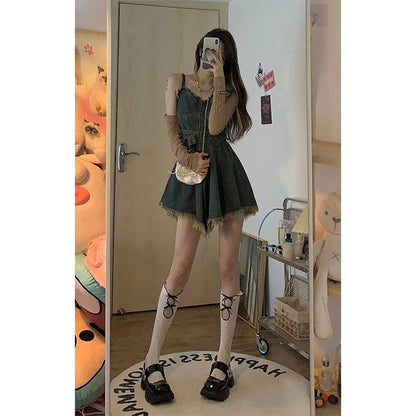 Y2K Belt Denim Mini Dress Women Vintage Irregular Tassel Spaghetti Strap Jeans Dresses Streetwear A Line Tunic Vestidos