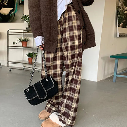 maoxiangshop High Waist Women's Brown Plaid Pants Streetwear Oversize Wide Leg Checkered Trousers Woman Loose Y2K Retro Sweatpants Mujer