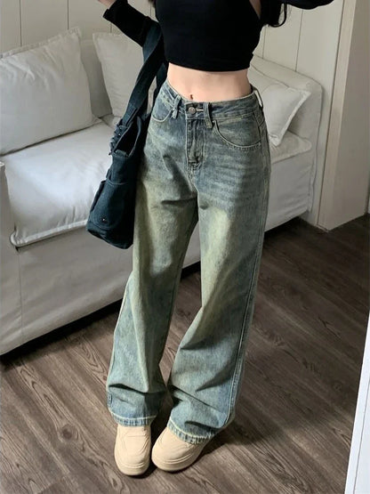 maoxiangshopY2k Baggy Wide Leg Jeans Women Vintage Streetwear Washed Denim Pants Grunge Basic Slouchy Blue Trousers Femme Spring