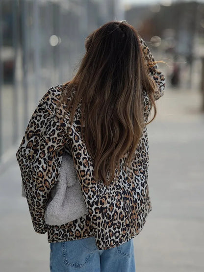 maoxiangshop  -  Autumn Winter Leopard Print Lace-up Padded Jacket Women Chic Long Sleeve Collarless Loose Coats 2024 New Lady Fashion Streetwear