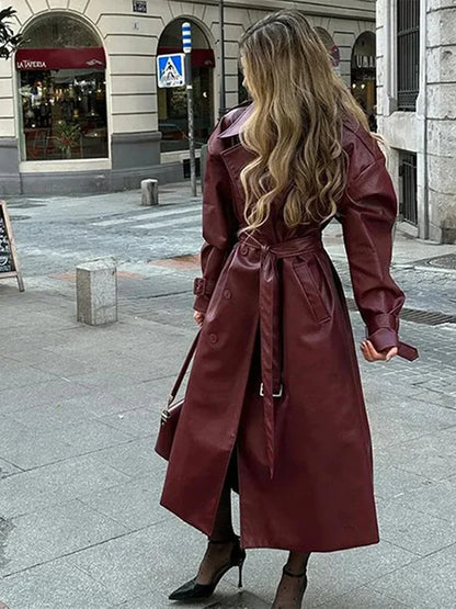 maoxiangshop  -  Fashion Retro Wine Red Long Women's Coat Turndown Collar Double Breasted Coats with Belt Vintage Windproof Winter Overcoat