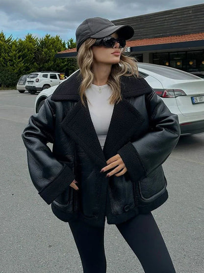 maoxiangshop  -  Plush Patchwork Lapel PU Leather Jackets Women Casual Loose Long Sleeved Jacket Female Autumn Winter Chic High Street Outwears