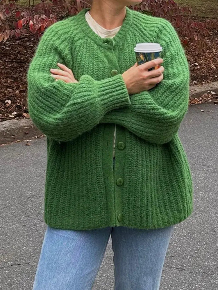 maoxiangshop -  Green Crew Neck Crochet Cardigan For Women Long Sleeve Single Breasted Warm Sweater Autumn Loose Fashion Commute Knitwear