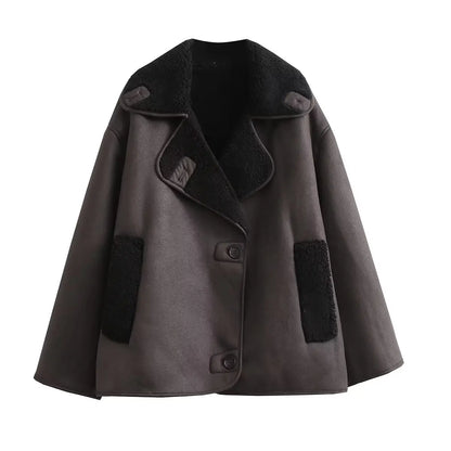 maoxiangshop -  Winter Faux Fur Thick Lapel Coat For Women Long Sleeve Jacket Female Warm PU Overcoat Ladies With Pockets Streetwear