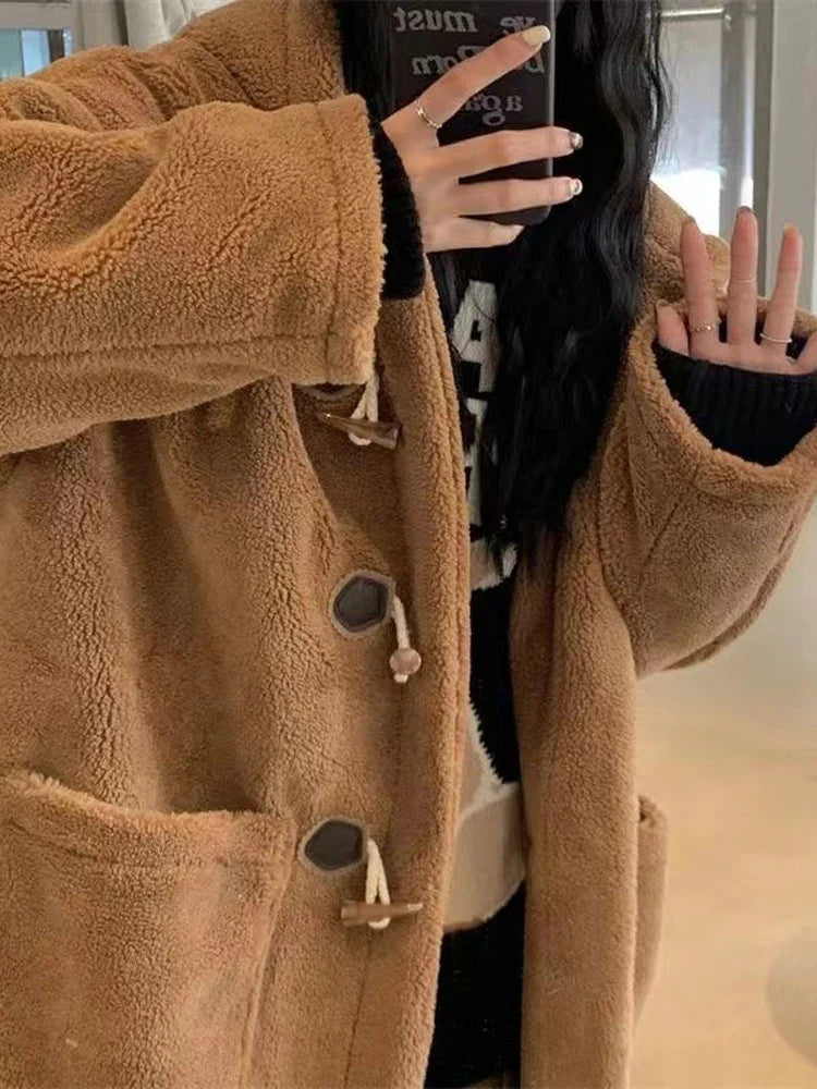 maoxiangshop Winter Fleece Jacket Women Korean Fashion Lamb Wool Long Coat Female Vintage Casual Long Sleeve Horn Button Hooded Outerwear