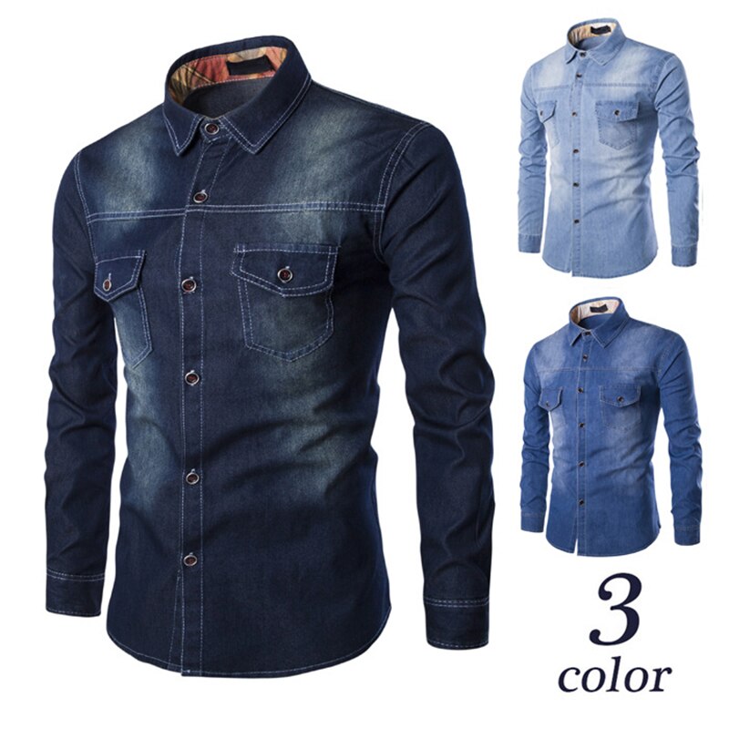 maoxiangshop Fashion Mens Denim Shirt Long Sleeve Plus Size Cotton Jeans Cardigan Casual Slim Fit Shirts Men Two-pocket Tops Clothing M-6XL