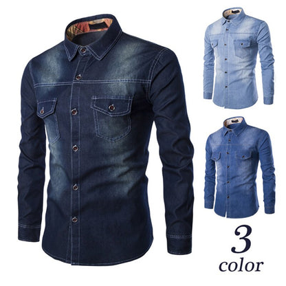 maoxiangshop Fashion Mens Denim Shirt Long Sleeve Plus Size Cotton Jeans Cardigan Casual Slim Fit Shirts Men Two-pocket Tops Clothing M-6XL