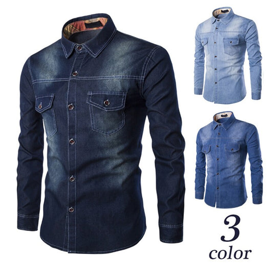 maoxiangshop Fashion Mens Denim Shirt Long Sleeve Plus Size Cotton Jeans Cardigan Casual Slim Fit Shirts Men Two-pocket Tops Clothing M-6XL