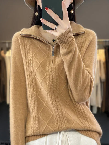 maoxiangshop 100% Merino Wool Women's Turtleneck Sweater Autumn Winter Casual Knit Loose Top Fashion Zipper Half Open Neck Cashmere Pullover