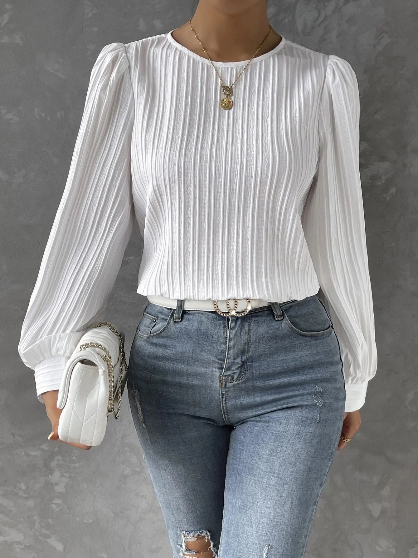 maoxiangshop Fall New Casual Solid Round Neck Long Sleeve Shirts White Women's Blouses