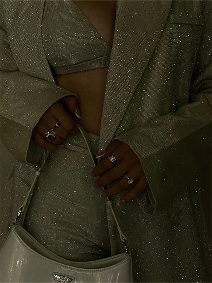 Sliver Sparkly OVersized Blazer Sets For Women Suit Ladies Casual Glitter Coat And Pants Sets Blazer Femme Mujer Party