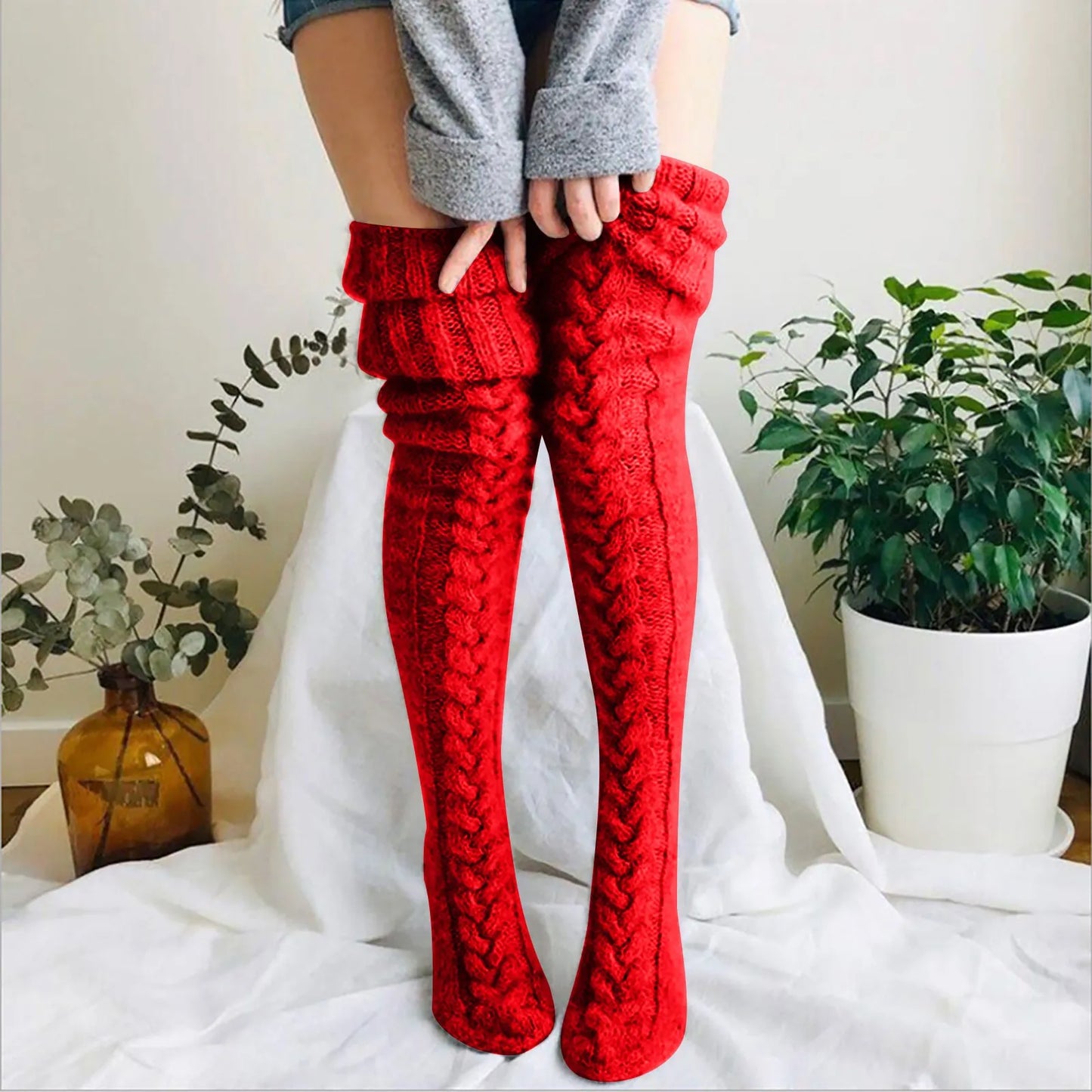 maoxiangshop Women Socks Christmas solid Long Over The Knee Cotton Socks High Long Winter Knitting Over Knee Xmas Knit carpet Socks