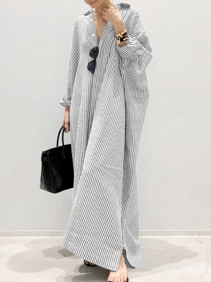 maoxiangshop Summer New Dresses for Woman Fashion Striped Cardigan Loose Large Casual Temperament Commuter Irregular Women's Long Dress Tops