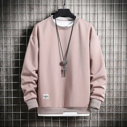 maoxiangshop Mens Casual Sweatshirts Fashion Fake Two Pieces O Neck Hoodies Men Harajuku Streetwear Tops Spring Autumn Solid Male Sweatshirt